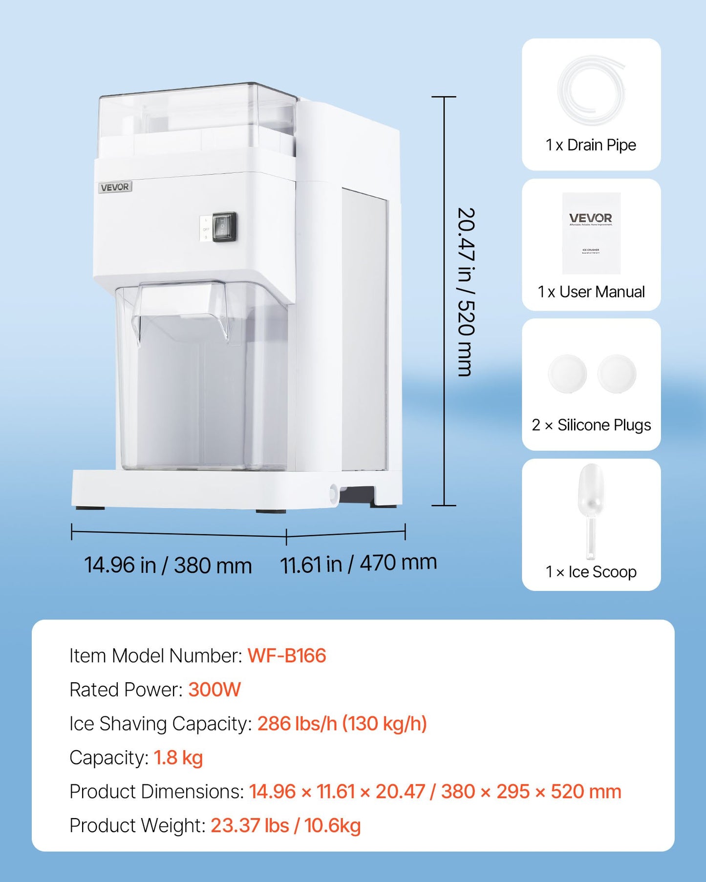 Commercial Ice Shaver Machine, 1.91QT /1.8L Large Electric Ice Cube Crusher Shaved Maker with 300W Premium Motor, Stainless Steel Blades, for Bar Mixing Seafood Preservation Home Party, White