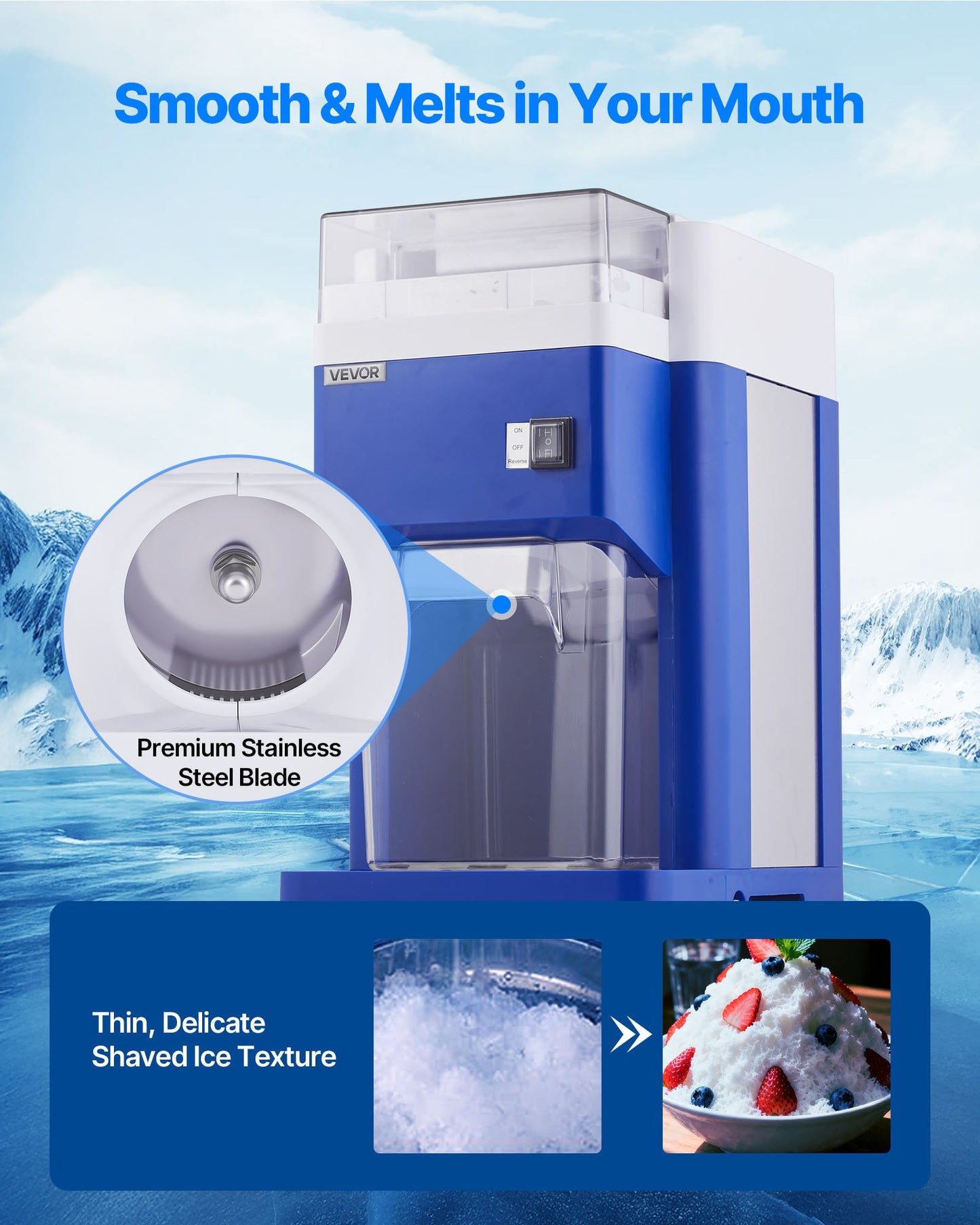 Commercial Ice Shaver Machine, 1.91QT /1.8L Large Electric Snow Cone Machine, Fine & Fluffy with 300W Motor, Stainless Steel Blades, Shaved Ice Maker for Dessert Shop Home Party Restaurant, Blue