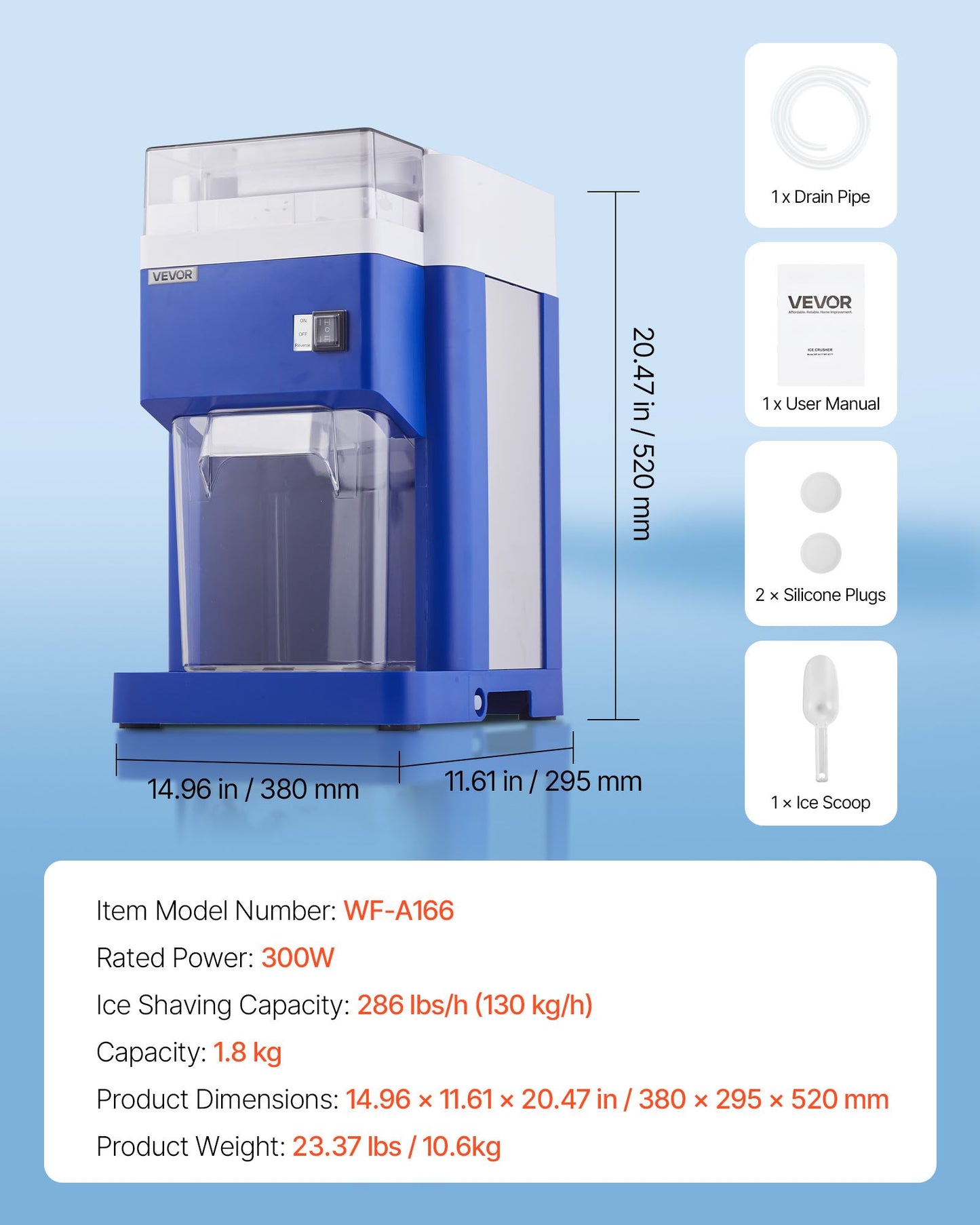 Commercial Ice Shaver Machine, 1.91QT /1.8L Large Electric Snow Cone Machine, Fine & Fluffy with 300W Motor, Stainless Steel Blades, Shaved Ice Maker for Dessert Shop Home Party Restaurant, Blue