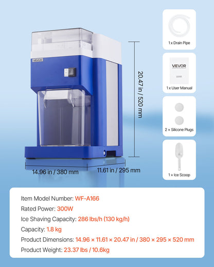 Commercial Ice Shaver Machine, 1.91QT /1.8L Large Electric Snow Cone Machine, Fine & Fluffy with 300W Motor, Stainless Steel Blades, Shaved Ice Maker for Dessert Shop Home Party Restaurant, Blue