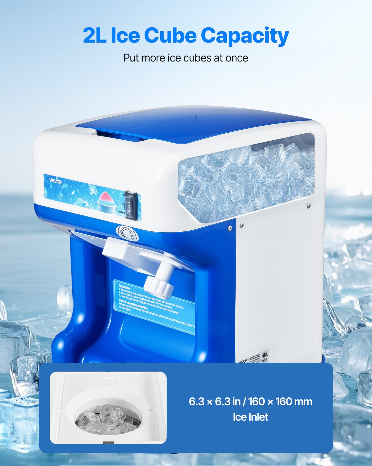 Commercial Ice Shaver Crusher, 286lbs Per Hour Electric Snow Cone Maker with 2L Ice Cube Box, 250W 1500RPM Tabletop Shaved Ice Machine for Parties Events Snack Bar, Home and Commercial Use (Blue)