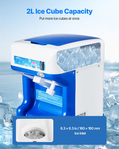 Commercial Ice Shaver Crusher, 286lbs Per Hour Electric Snow Cone Maker with 2L Ice Cube Box, 250W 1500RPM Tabletop Shaved Ice Machine for Parties Events Snack Bar, Home and Commercial Use (Blue)