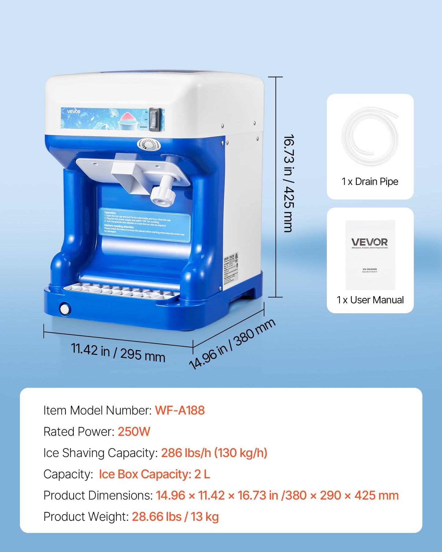 Commercial Ice Shaver Crusher, 286lbs Per Hour Electric Snow Cone Maker with 2L Ice Cube Box, 250W 1500RPM Tabletop Shaved Ice Machine for Parties Events Snack Bar, Home and Commercial Use (Blue)