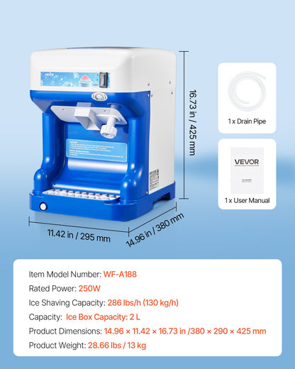 Commercial Ice Shaver Crusher, 286lbs Per Hour Electric Snow Cone Maker with 2L Ice Cube Box, 250W 1500RPM Tabletop Shaved Ice Machine for Parties Events Snack Bar, Home and Commercial Use (Blue)