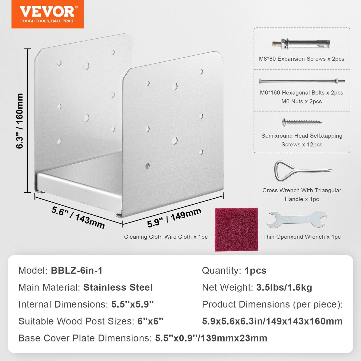 152,4x152,4 stolpbas, 1 st justerbar stolpeankarfäste i rostfritt stål (intern 150 x 139,7), justerbar stolpbas för paviljongdäck Veranda ledstångsräcke dekorativ förankringsplatta