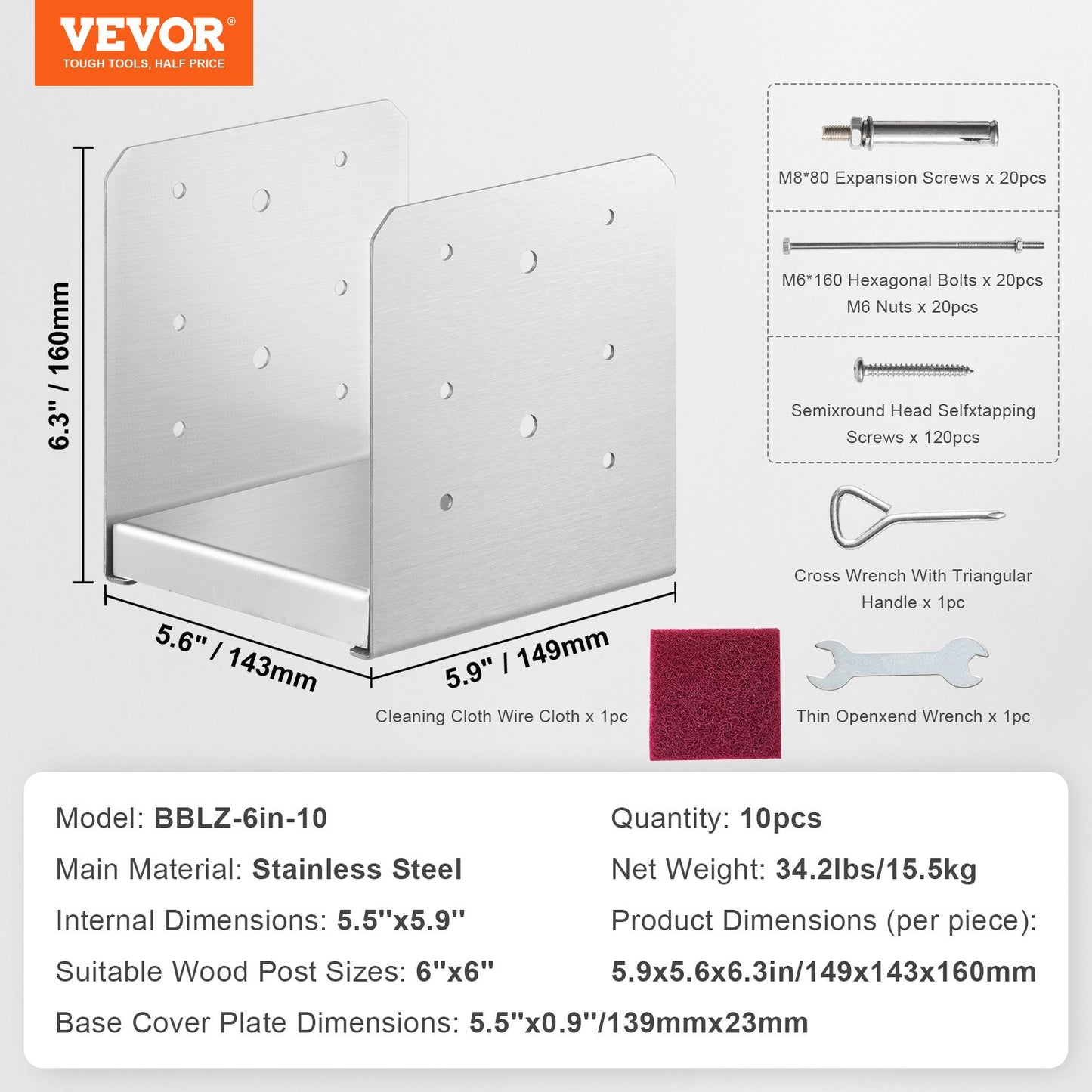 152,4 x 152,4 Pfostensockel, 10 Stück verstellbare Pfostenankerhalterung aus Edelstahl (innen 150 x 139,7), verstellbarer Pfostensockel für Pavillon, Deck, Veranda, Handlauf, Geländer, dekorative Ankerplatte