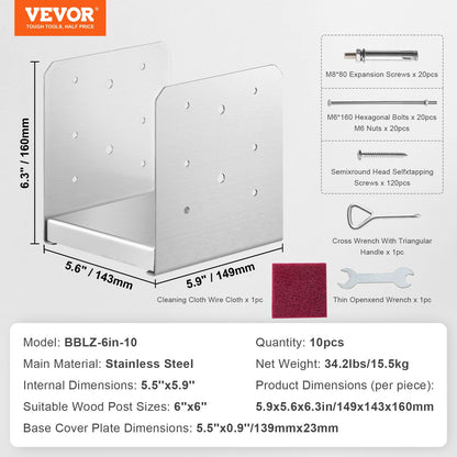 152,4 x 152,4 Pfostensockel, 10 Stück verstellbare Pfostenankerhalterung aus Edelstahl (innen 150 x 139,7), verstellbarer Pfostensockel für Pavillon, Deck, Veranda, Handlauf, Geländer, dekorative Ankerplatte