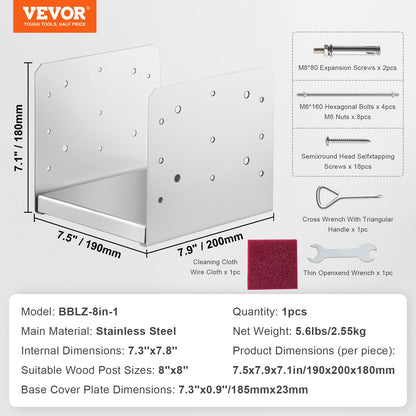 203,2x203,2mm stolpbas, 1st justerbar stolpeankarfäste i rostfritt stål (intern 198 x 185), justerbar stolpbas för paviljongdäck veranda ledstångsräcke dekorativ förankringsplatta