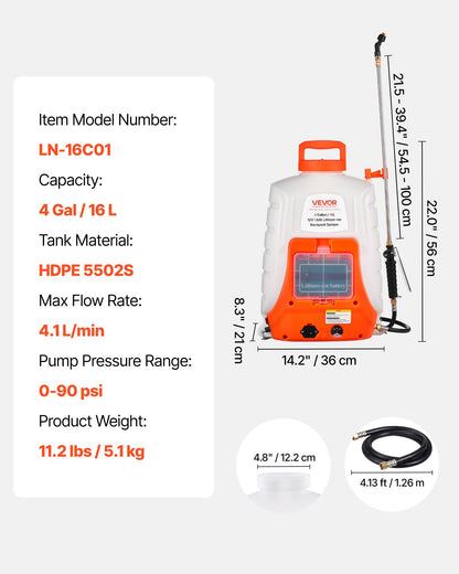 Battery Powered Backpack Sprayer, 4 Gallons Electric Lawn Sprayer with 8 Nozzles & 2 Telescopic Wands, 90PSI Adjustable Pressure, 4-6 Hour Runtime, Yard Sprayers for Lawn and Garden
