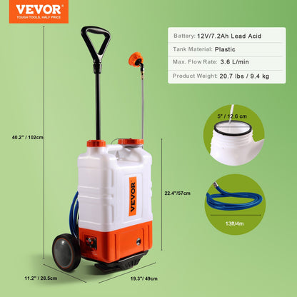 Battery Powered Backpack Sprayer with Cart, 0-94 PSI Adjustable Pressure, 4 Gallon Tank on Wheels, with 8 Nozzles and 2 Wands, 12V 7.2Ah Battery, Wide Mouth Lid for Weeding, Spraying, Cleaning