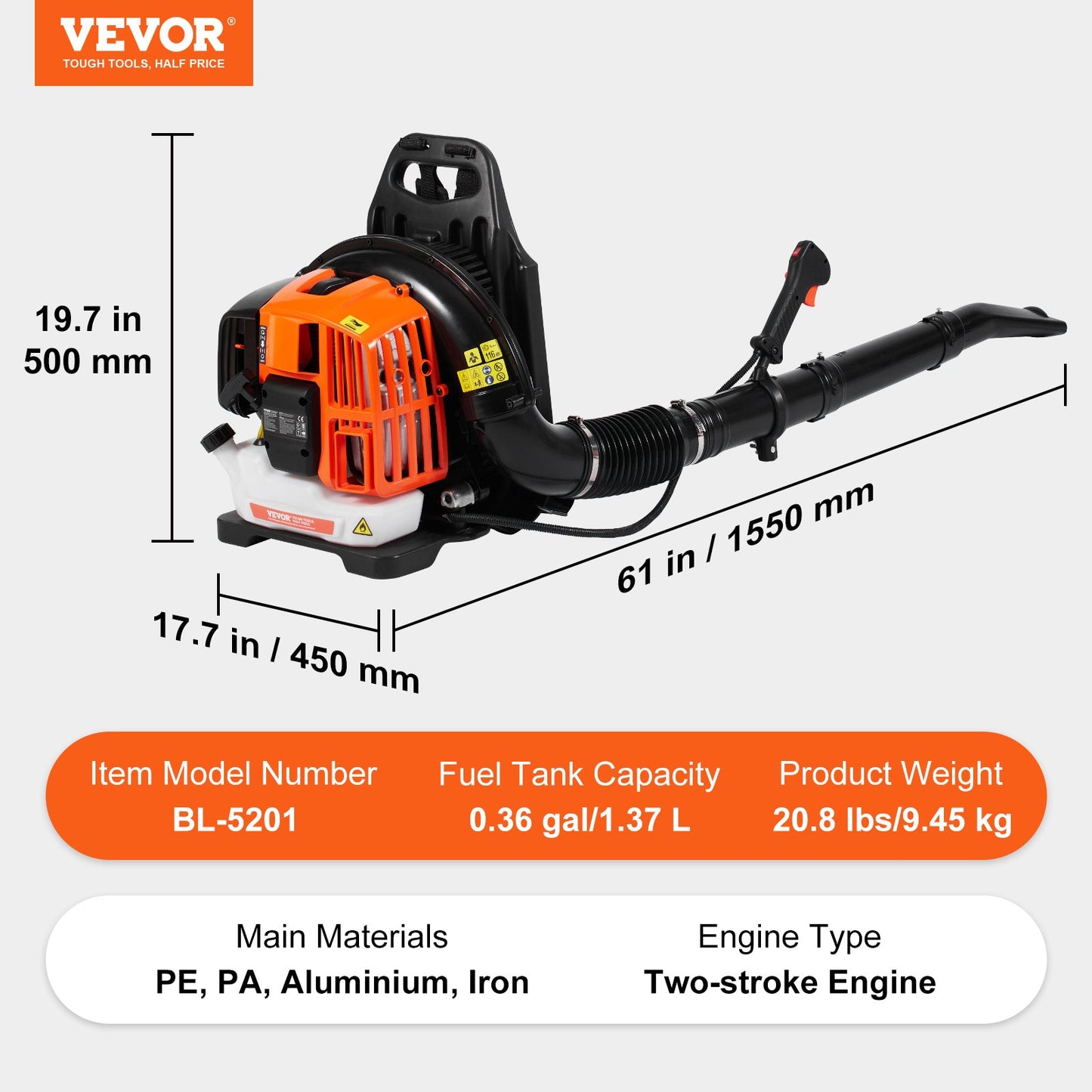 Backpack Leaf Blower, 52CC 2-Cycle Leaf Blower with 1.37L Fuel Tank, 480CFM Air Volume 175MPH Speed, Ideal for Lawn Care, Leaf Cleaning, and Snow Removal