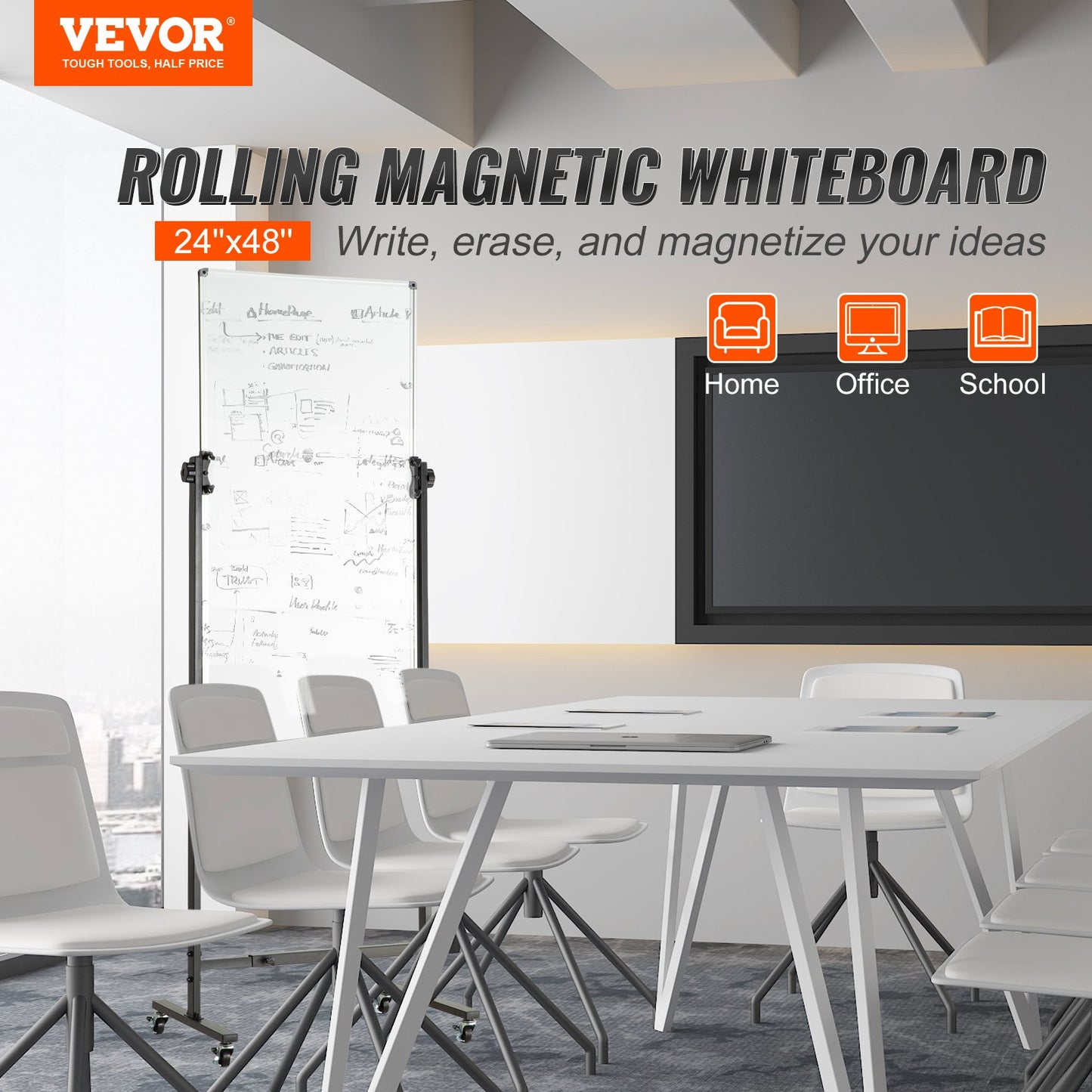 Magnetisches Whiteboard mit Rollen, doppelseitiges mobiles Whiteboard 24 x 48 Zoll, höhenverstellbares Whiteboard mit Rädern, 1 magnetischer Radiergummi und 3 Whiteboard-Markern und abnehmbarer Ablage für Büro und Schule