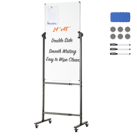 Rolling Magnetic Whiteboard, dubbelsidig mobil whiteboardtavla 24x48 tum, justerbar höjd torrraderingstavla med hjul, 1 magnetradering & 3 torrraderingsmarkörer och flyttbar bricka för kontorsskola
