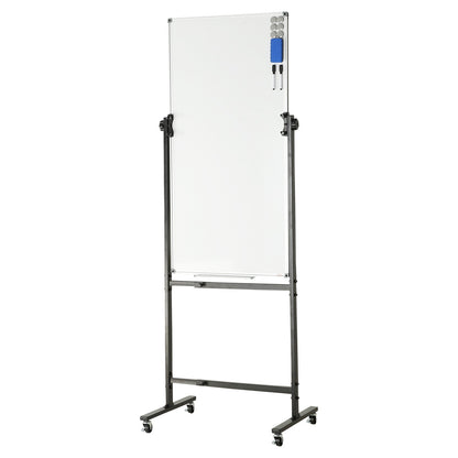 Magnetisches Whiteboard mit Rollen, doppelseitiges mobiles Whiteboard 24 x 48 Zoll, höhenverstellbares Whiteboard mit Rädern, 1 magnetischer Radiergummi und 3 Whiteboard-Markern und abnehmbarer Ablage für Büro und Schule
