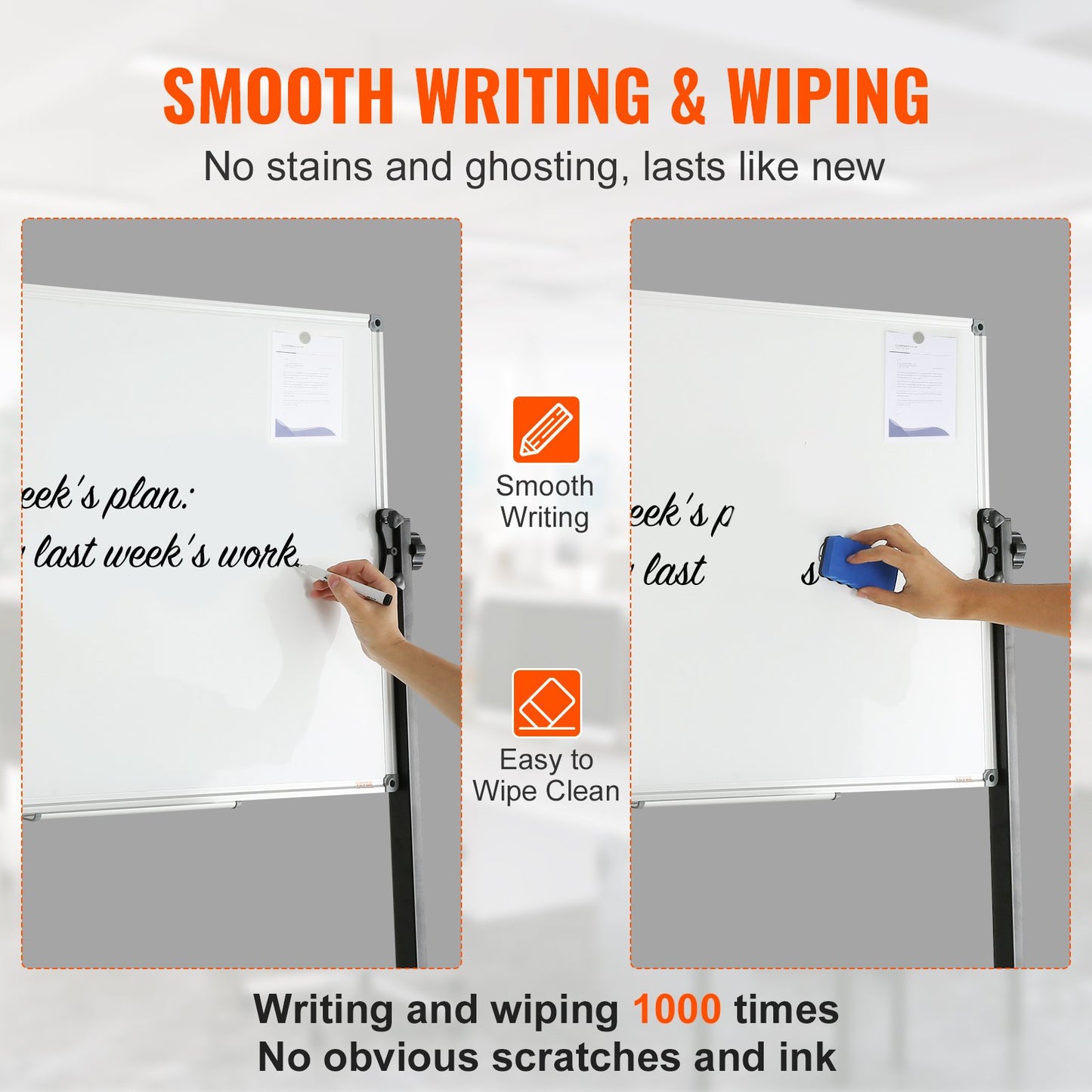 Rolling Magnetic Whiteboard, Double-sided Mobile Whiteboard 36x24 Inches, Adjustable Height Dry Erase Board with Wheels, 1 Magnetic Erase & 3 Dry Erase Markers & Movable Tray Office, School