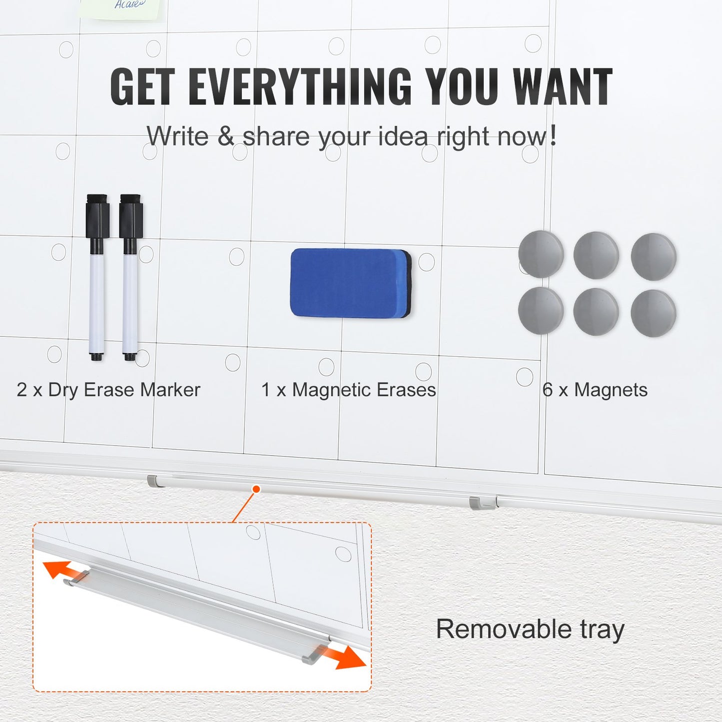 Calendar Whiteboard, 36 x 24 Inches Magnetic Dry Erase Calendar Board, Monthly Planner Whiteboard for Wall, 1 Magnetic Erase & 2 Dry Erase Marker & Movable Tray for Restaurant Office Home School