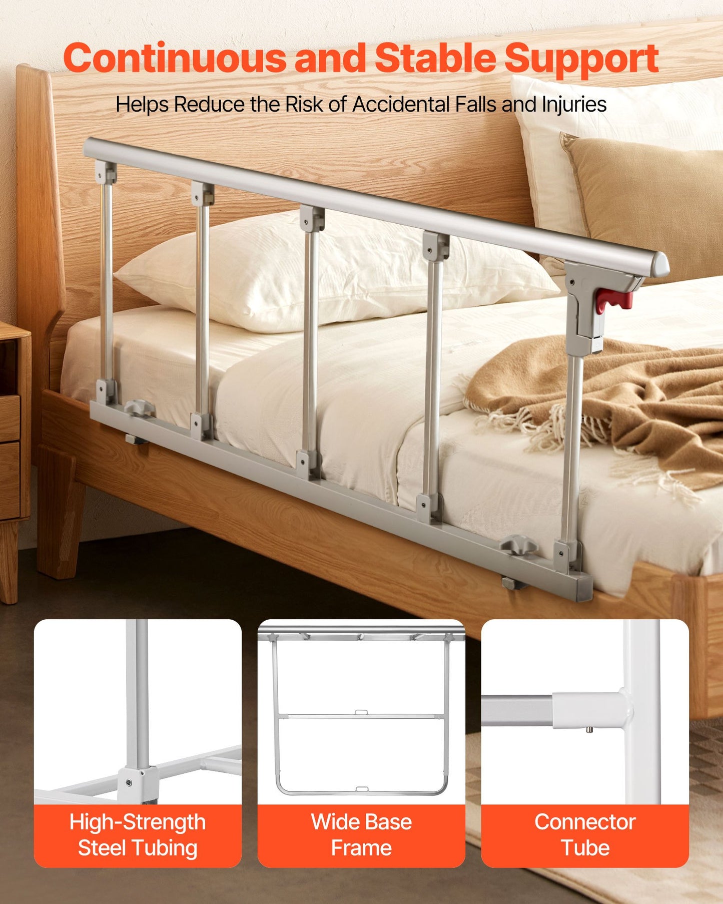 Foldable Bed Rail for Elderly, 48 in Bedside Assist Rail with Fixing Strap, Adjustable Height Pipe Bedside Cane, High-Strength Metal Senior Bed Bar, Hand Guard Grab Fits King, Queen, Full, Twin