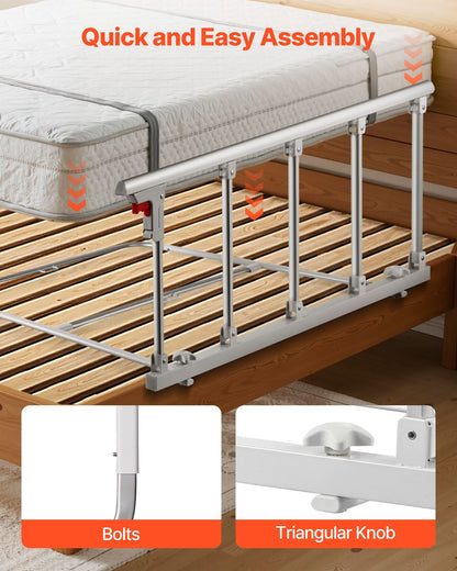 Foldable Bed Rail for Elderly, 48 in Bedside Assist Rail with Fixing Strap, Adjustable Height Pipe Bedside Cane, High-Strength Metal Senior Bed Bar, Hand Guard Grab Fits King, Queen, Full, Twin