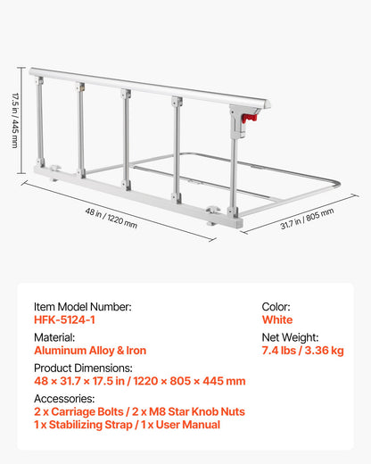 Foldable Bed Rail for Elderly, 48 in Bedside Assist Rail with Fixing Strap, Adjustable Height Pipe Bedside Cane, High-Strength Metal Senior Bed Bar, Hand Guard Grab Fits King, Queen, Full, Twin