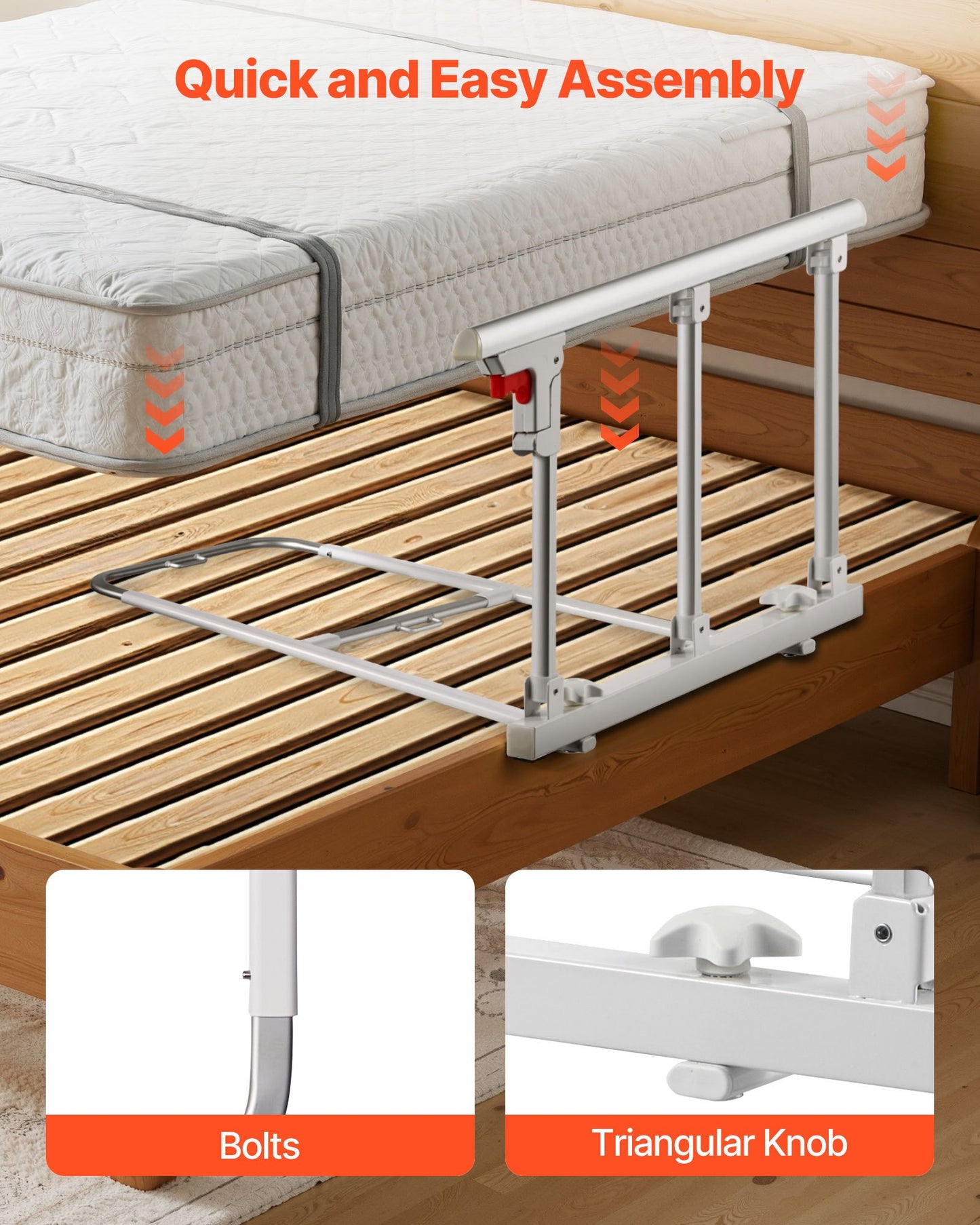 Foldable Bed Rail for Elderly, 28 in Bedside Assist Rail with Fixing Strap, Adjustable Height Pipe Bedside Cane, High-Strength Metal Senior Bed Bar, Hand Guard Grab Fits King, Queen, Full, Twin