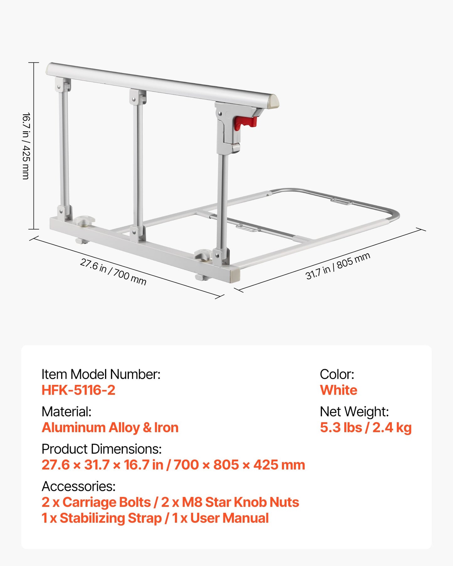 Foldable Bed Rail for Elderly, 28 in Bedside Assist Rail with Fixing Strap, Adjustable Height Pipe Bedside Cane, High-Strength Metal Senior Bed Bar, Hand Guard Grab Fits King, Queen, Full, Twin