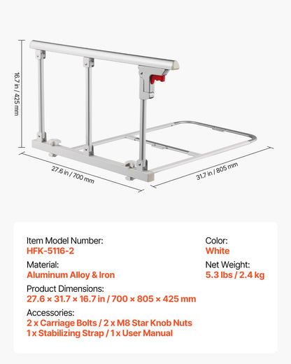 Foldable Bed Rail for Elderly, 28 in Bedside Assist Rail with Fixing Strap, Adjustable Height Pipe Bedside Cane, High-Strength Metal Senior Bed Bar, Hand Guard Grab Fits King, Queen, Full, Twin