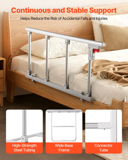 Foldable Bed Rail for Elderly, 38 in Bedside Assist Rail with Fixing Strap, Adjustable Height Pipe Bedside Cane, High-Strength Metal Senior Bed Bar, Hand Guard Grab Fits King, Queen, Full, Twin
