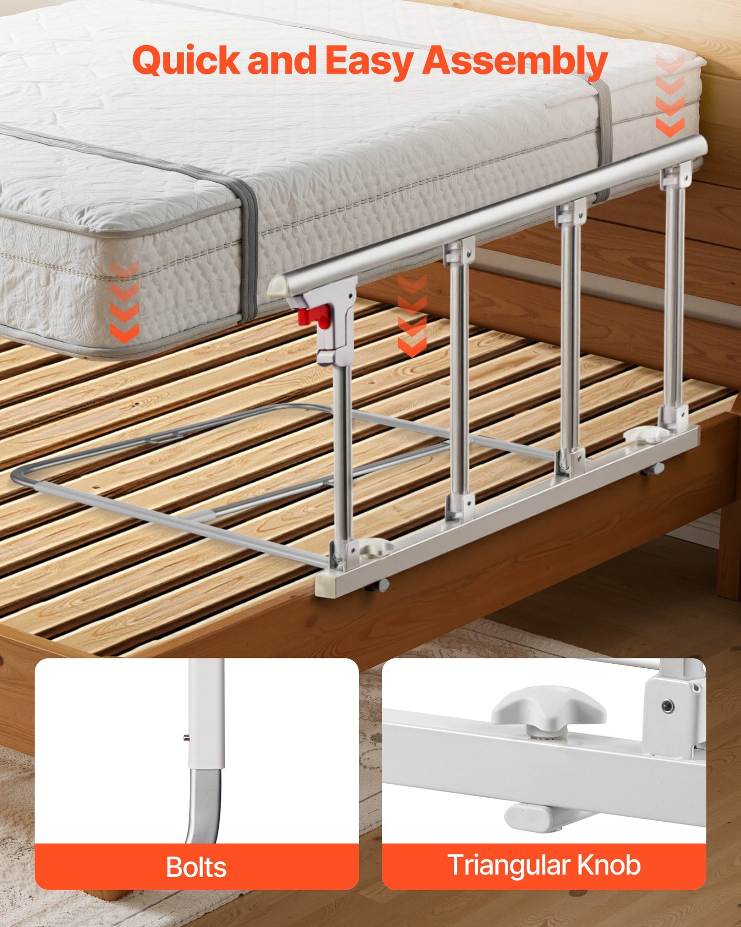 Foldable Bed Rail for Elderly, 38 in Bedside Assist Rail with Fixing Strap, Adjustable Height Pipe Bedside Cane, High-Strength Metal Senior Bed Bar, Hand Guard Grab Fits King, Queen, Full, Twin