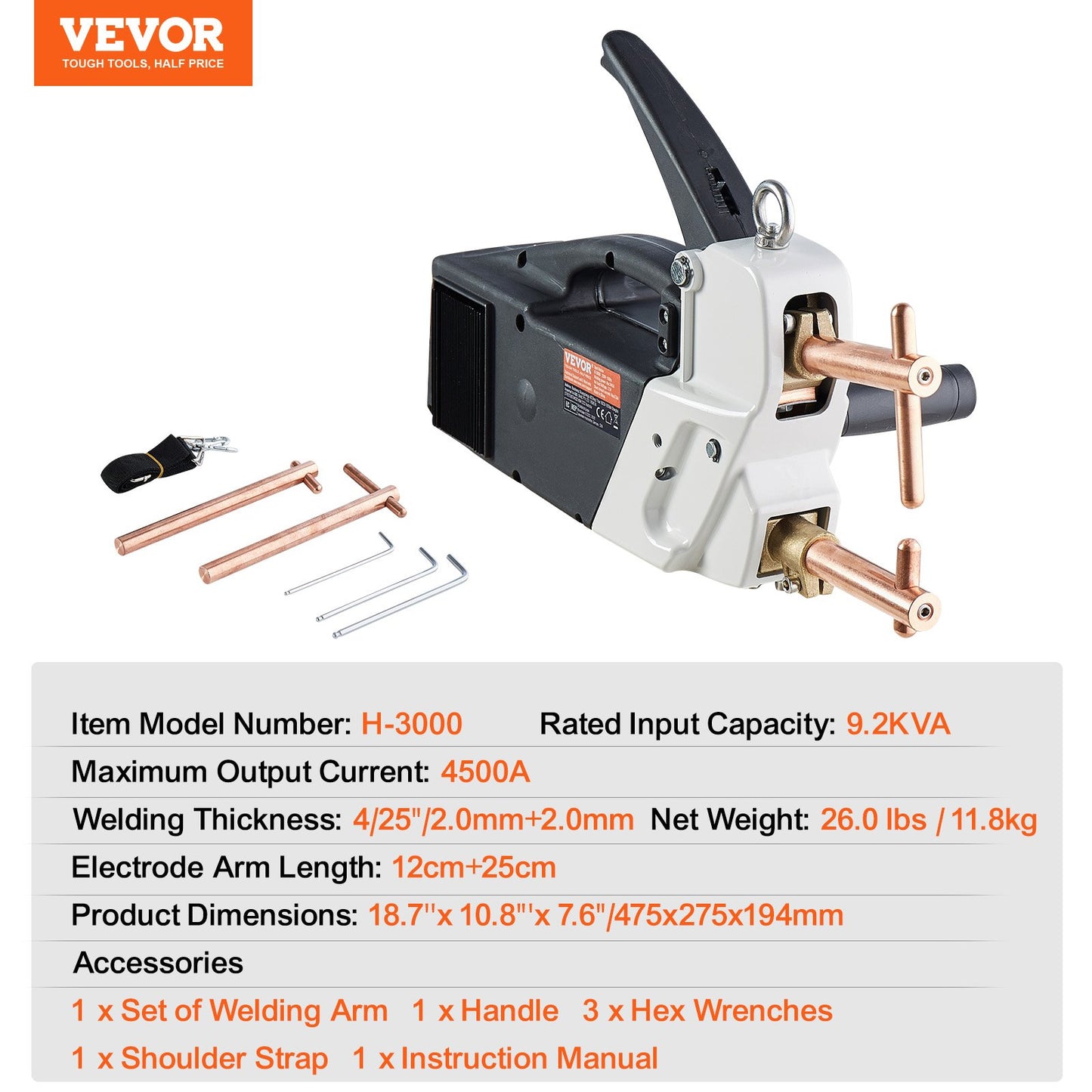 Bärbar punktsvetsmaskin, 4/25-tums tjock punktsvetsmaskin med 9,2KVA ingångskapacitet, handhållen svetsspetspistol Metallplåt punktsvetsmaskin för kolstål, rostfritt stål, aluminiumplåt