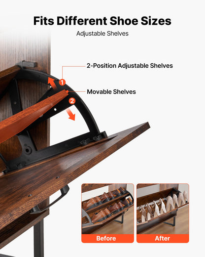 Shoe Cabinet with 2 Flip Drawers, Farmhouse Shoes Storage Cabinet with Metal Legs and Anti-Tipping Device, Freestanding Shoe Organizer Ideal for Entryway, Hallway, Bedroom, Living Room, Brown