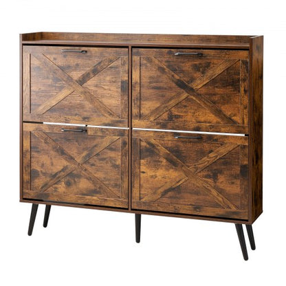 Shoe Cabinet with 4 Flip Drawers, Farmhouse Shoes Storage Cabinet with Wood Legs and Anti-Tipping Device, Freestanding Shoe Organizer Ideal for Entryway, Hallway, Bedroom, Living Room, Brown