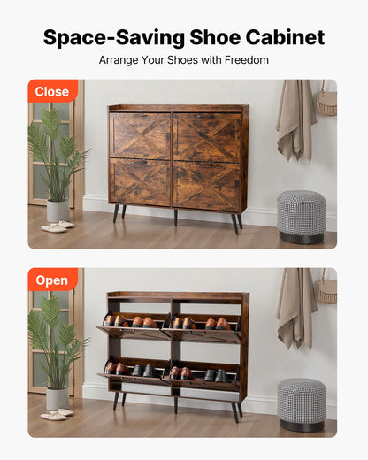 Shoe Cabinet with 4 Flip Drawers, Farmhouse Shoes Storage Cabinet with Wood Legs and Anti-Tipping Device, Freestanding Shoe Organizer Ideal for Entryway, Hallway, Bedroom, Living Room, Brown