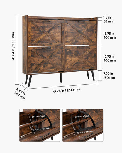 Shoe Cabinet with 4 Flip Drawers, Farmhouse Shoes Storage Cabinet with Wood Legs and Anti-Tipping Device, Freestanding Shoe Organizer Ideal for Entryway, Hallway, Bedroom, Living Room, Brown