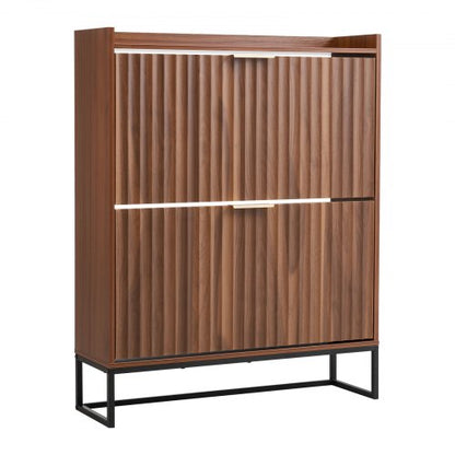 Shoe Cabinet with 2 Flip Drawers, Mid-Century Shoes Storage Cabinet with Anti-Tipping Device, Freestanding Fluted Shoe Organizer, Ideal for Entrance, Hallway, Bedroom, Living Room, Walnut