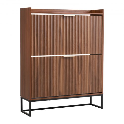 Shoe Cabinet with 2 Flip Drawers, Mid-Century Shoes Storage Cabinet with Anti-Tipping Device, Freestanding Fluted Shoe Organizer, Ideal for Entrance, Hallway, Bedroom, Living Room, Walnut