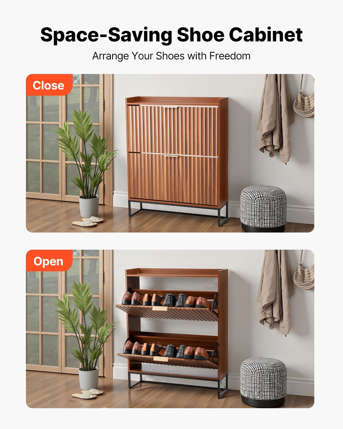 Shoe Cabinet with 2 Flip Drawers, Mid-Century Shoes Storage Cabinet with Anti-Tipping Device, Freestanding Fluted Shoe Organizer, Ideal for Entrance, Hallway, Bedroom, Living Room, Walnut