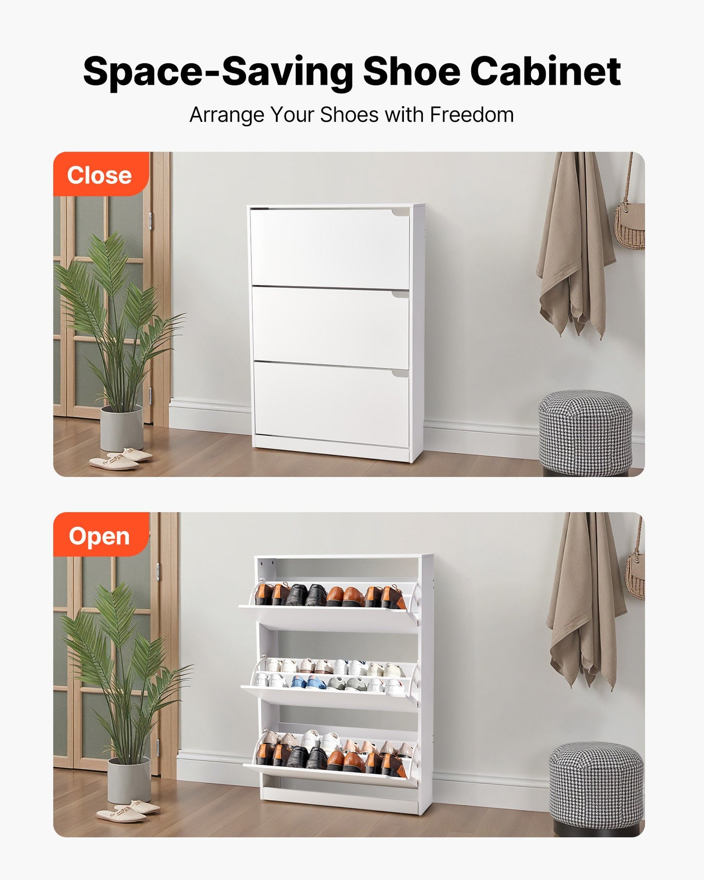 Shoe Cabinet with 3 Flip Drawers, Modern Shoes Storage Cabinet with Anti-Tipping Device, Freestanding Shoe Rack Organizer, Ideal for Entryway, Hallway, Bedroom, Living Room, Closet, White