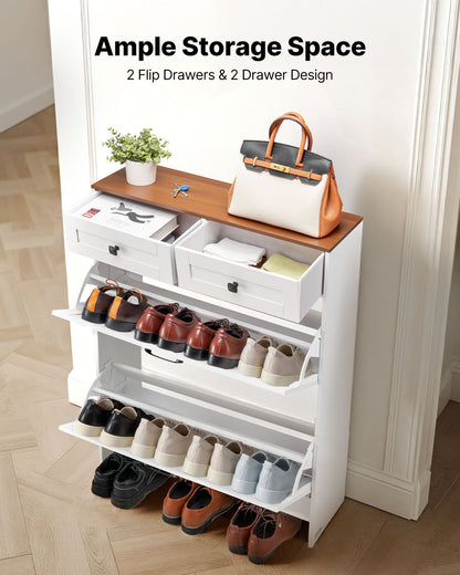 Shoe Cabinet with 2 Flip Drawers, Farmhouse Shoes Storage Cabinet with 2 Drawers and Anti-Tipping Device, Freestanding Shoe Organizer Ideal for Entryway, Hallway, Bedroom, Living Room, White