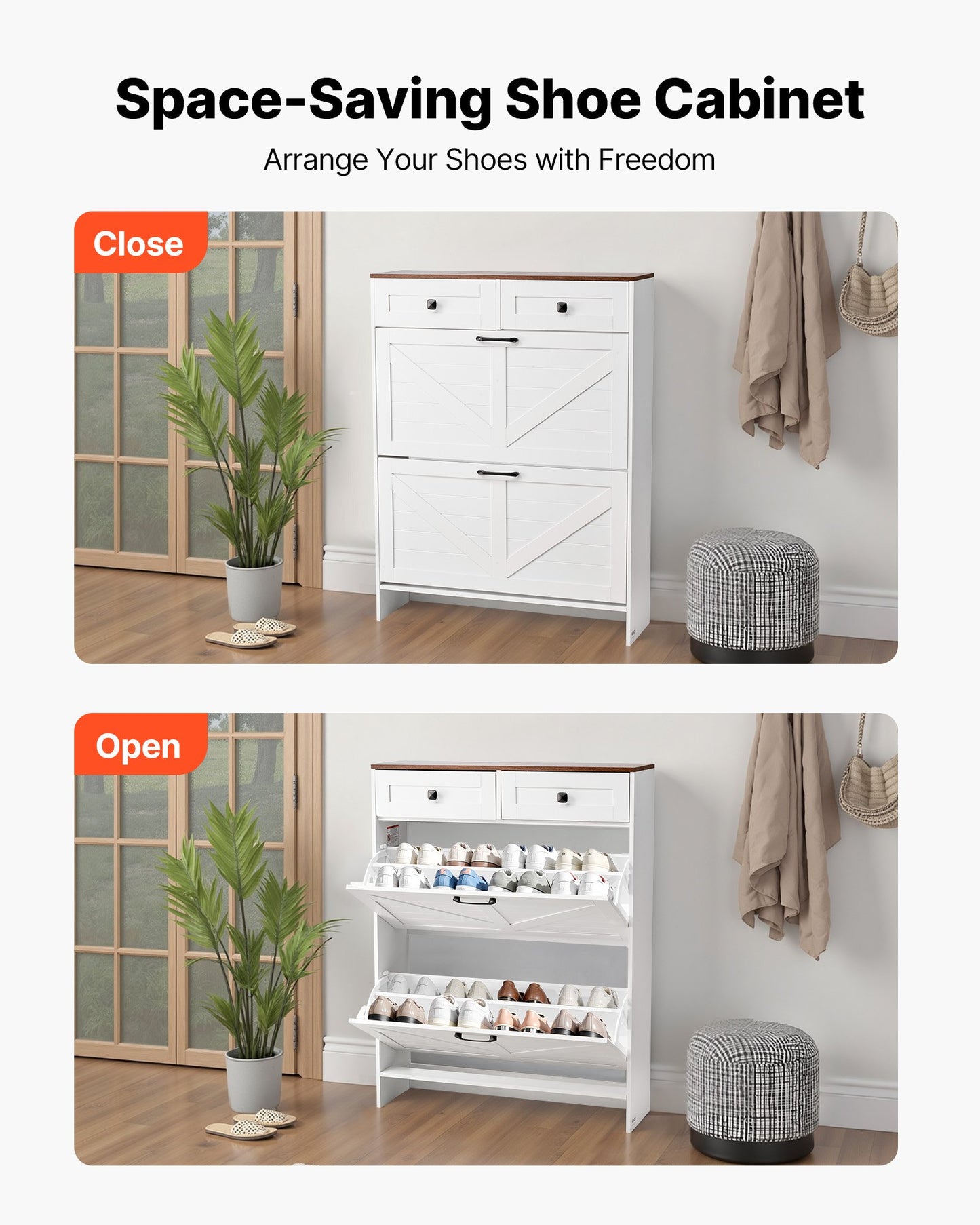 Shoe Cabinet with 2 Flip Drawers, Farmhouse Shoes Storage Cabinet with 2 Drawers and Anti-Tipping Device, Freestanding Shoe Organizer Ideal for Entryway, Hallway, Bedroom, Living Room, White