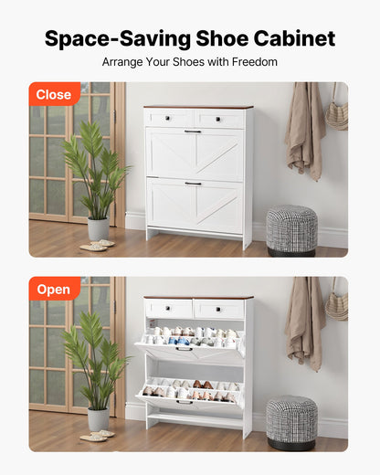 Shoe Cabinet with 2 Flip Drawers, Farmhouse Shoes Storage Cabinet with 2 Drawers and Anti-Tipping Device, Freestanding Shoe Organizer Ideal for Entryway, Hallway, Bedroom, Living Room, White