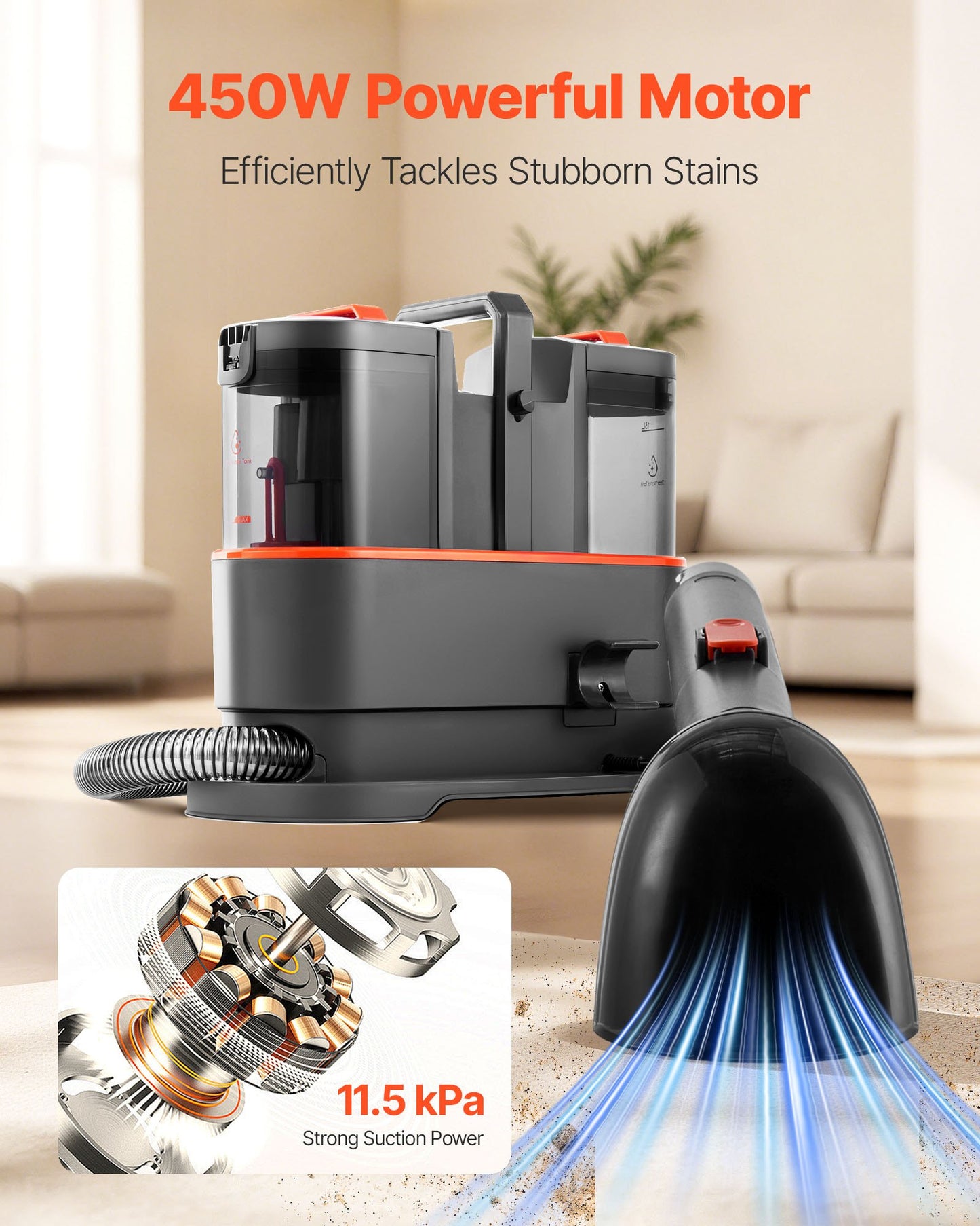 Carpet Cleaner Machine, 50.72 oz Clean Water Tank & 27.05 oz Dirty Water Tank, Portable Upholstery Shampooer, 11.5Kpa Handheld Furniture Extractor, Spot and Stain Deep Cleaner for Rug Couch Car