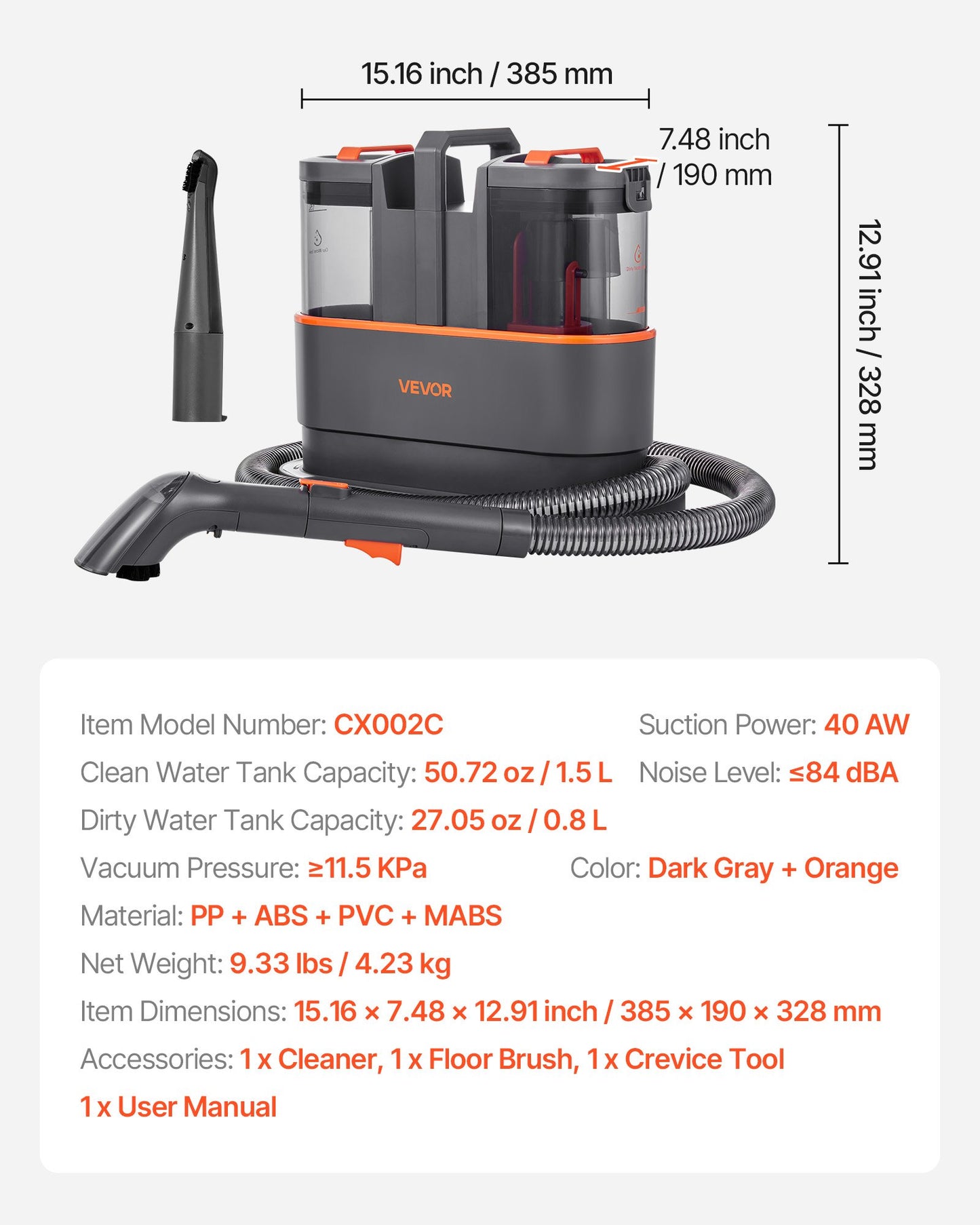 Carpet Cleaner Machine, 50.72 oz Clean Water Tank & 27.05 oz Dirty Water Tank, Portable Upholstery Shampooer, 11.5Kpa Handheld Furniture Extractor, Spot and Stain Deep Cleaner for Rug Couch Car