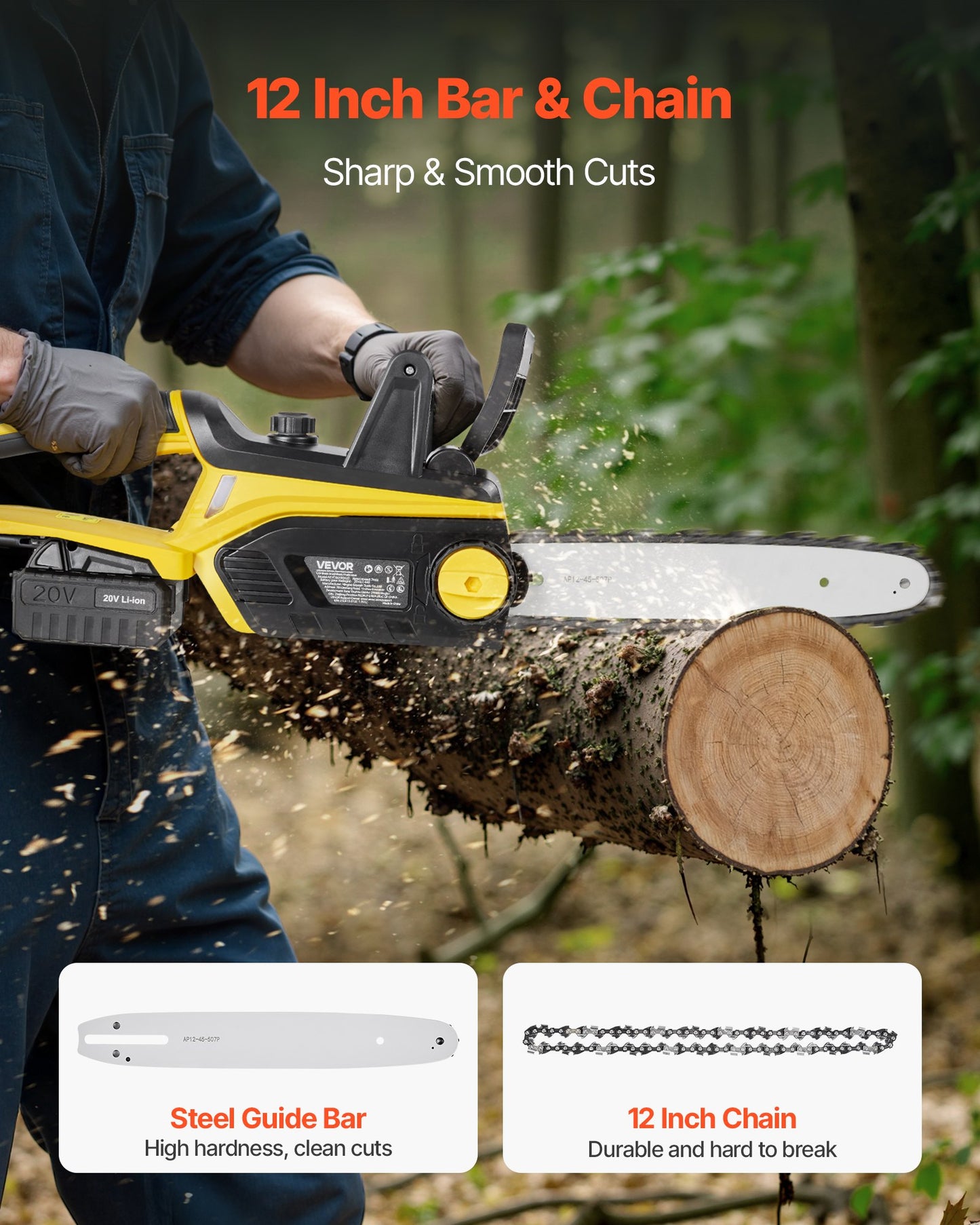 Cordless Chainsaw, 20V 12-Inch Brushless Chainsaw Battery Powered, 4.0Ah Battery and Rapid Charger Included, Handheld Electric Chain Saw for Tree Felling, Wood Cutting, Pruning, and Trimming