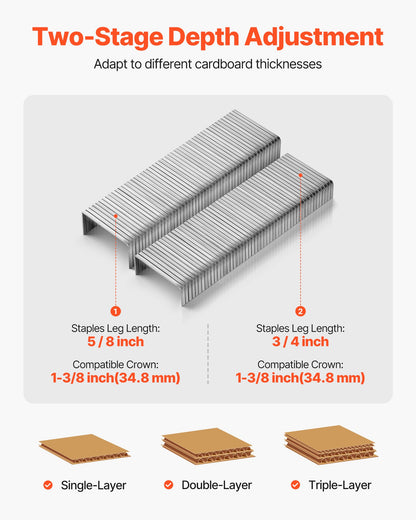 Pneumatic Carton Closing Stapler, 13 Gauge Pneumatic Cardboard Staple Gun for 1-3/8 inch Crown 5/8" & 3/4" Length, Depth-Adjustable 70-120 PSI Air Staple Gun for Boxes Carton Closing, Packaging