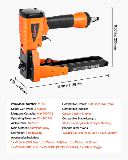 Pneumatic Carton Closing Stapler, 13 Gauge Pneumatic Cardboard Staple Gun for 1-3/8 inch Crown 5/8" & 3/4" Length, Depth-Adjustable 70-120 PSI Air Staple Gun for Boxes Carton Closing, Packaging