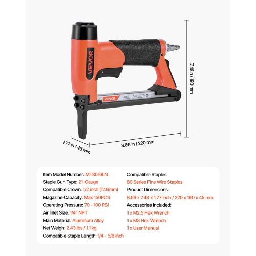 pneumatisk häftpistol, 21 gauge långspetsad häftpistol för möbelbeklädnad i 80-serien, fintrådshäftklamrar, 12,8 mm krona, 6 mm-16 mm längd, max 150 st. lufthäftpistol för möbelbeklädnad, träbearbetning, gör-det-själv |  EU