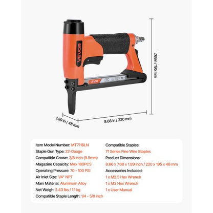 pneumatisk häftpistol, 22 gauge långspetsad häftpistol för möbelbeklädnad, för 71-seriens fintrådshäftklamrar, 9,5 mm krona, 6 mm-16 mm längd, max 180 st. lufthäftpistol för möbelbeklädnad, träbearbetning, gör-det-själv |  EU