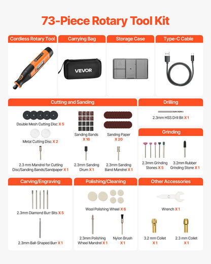 73-Piece Cordless Rotary Tool Kit, DC4V Portable Mini Power Rotary Tool, 5-Level Speed 7000-20000 RPM Multi-Purpose DIY Tools for Engraving, Sanding, Polishing, Carving, Cutting, DIY Crafts
