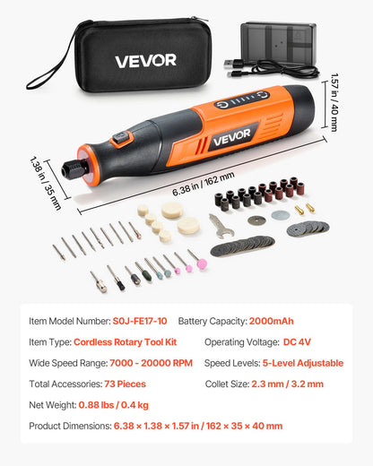 73-Piece Cordless Rotary Tool Kit, DC4V Portable Mini Power Rotary Tool, 5-Level Speed 7000-20000 RPM Multi-Purpose DIY Tools for Engraving, Sanding, Polishing, Carving, Cutting, DIY Crafts
