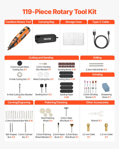 119-Piece Cordless Rotary Tool Kit, DC12V Portable Mini Power Rotary Tool, 28-Level Speed 5000-32000 RPM Multi-Purpose DIY Tools for Engraving, Sanding, Polishing, Carving, Cutting, DIY Crafts